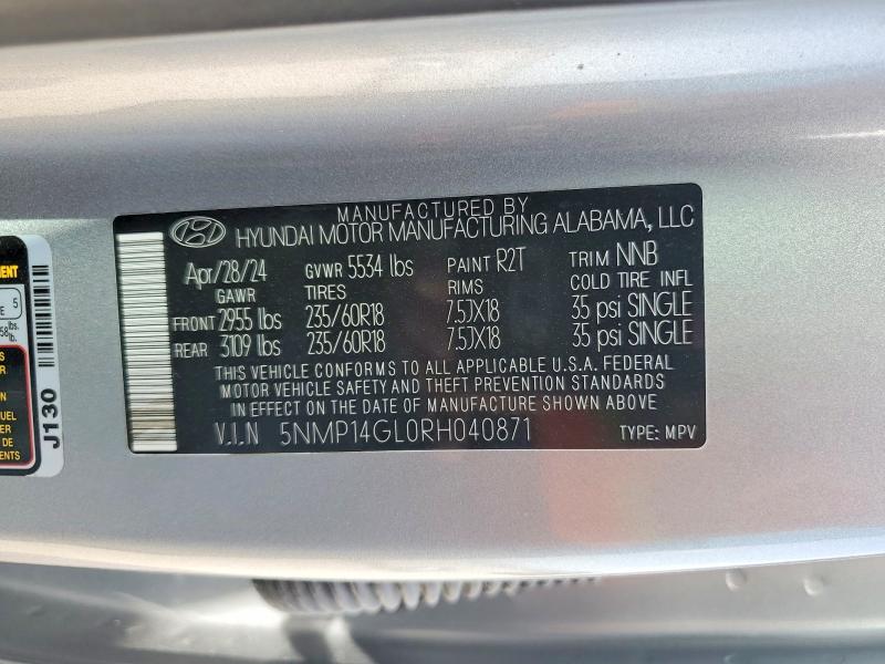 2024 Hyundai Santa Fe მანქანა იყიდება აუქციონზე, vin: 5NMP14GL0RH040871, აუქციონის ნომერი: 85630885