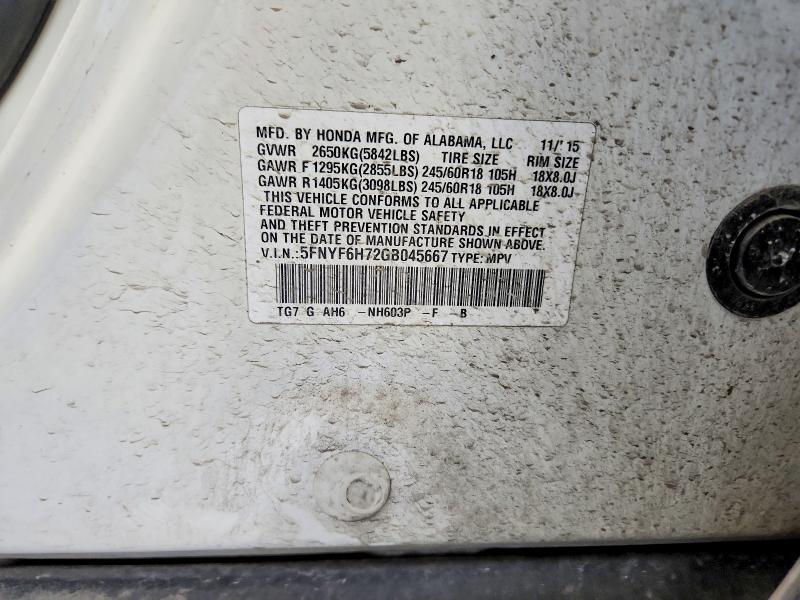 Aukcja sprzedaży 2016 Honda Pilot, vin: 5FNYF6H72GB045667, numer aukcji: 57355546