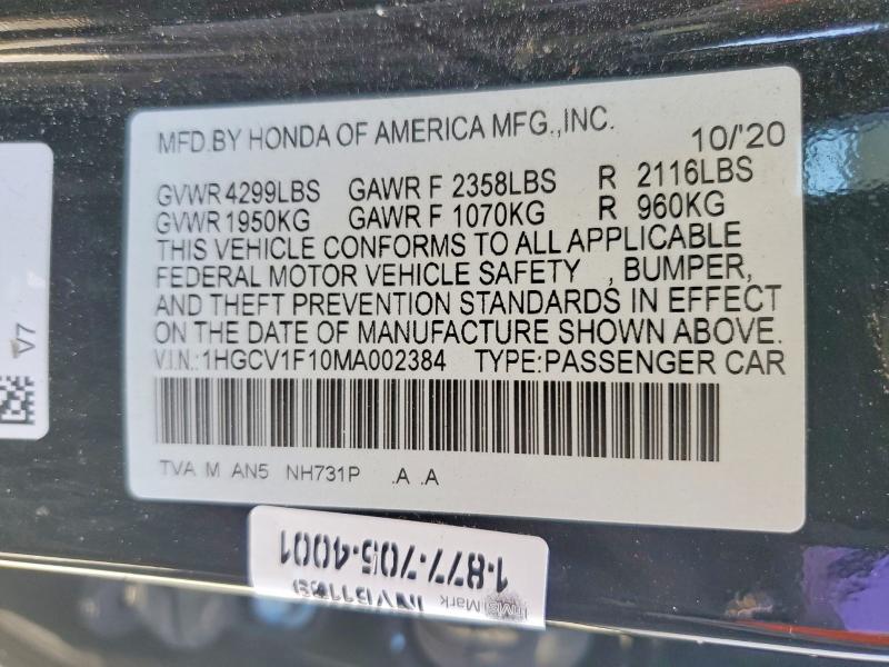 Продаж на аукціоні авто 2021 Honda Accord, vin: 1HGCV1F10MA002384, номер лоту: 56171026