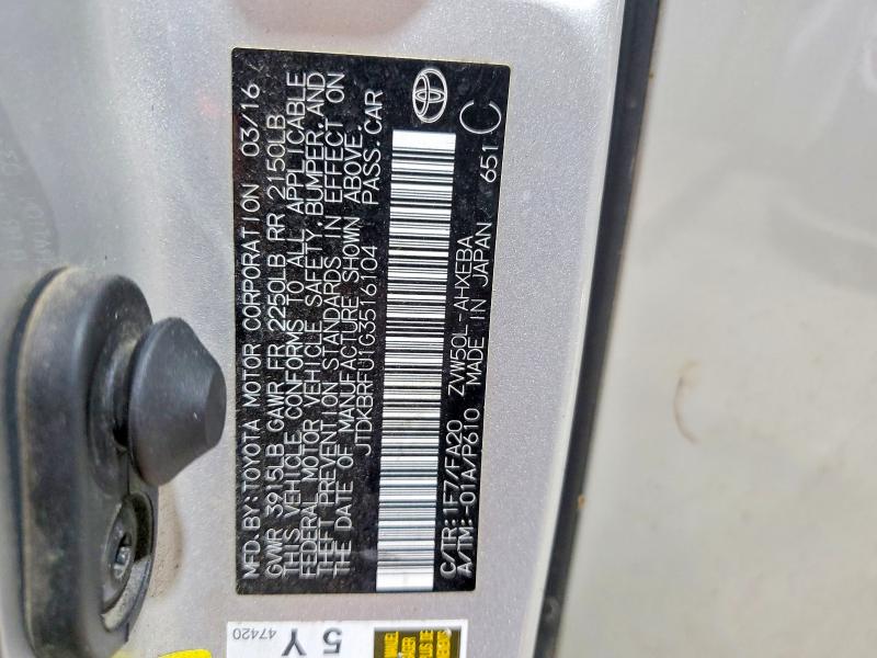 Продаж на аукціоні авто 2016 Toyota Prius, vin: JTDKBRFU1G3516104, номер лоту: 56994806