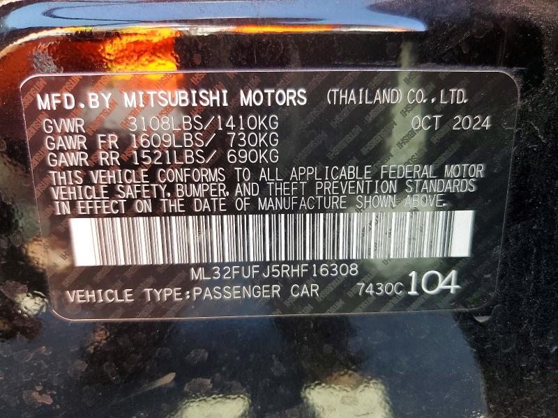 2024 Mitsubishi Mirage მანქანა იყიდება აუქციონზე, vin: ML32FUFJ5RHF16308, აუქციონის ნომერი: 57567696