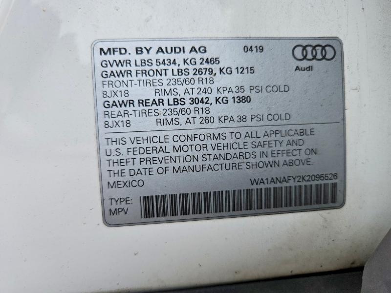 2019 Audi Q5 მანქანა იყიდება აუქციონზე, vin: WA1ANAFY2K2095526, აუქციონის ნომერი: 58928656
