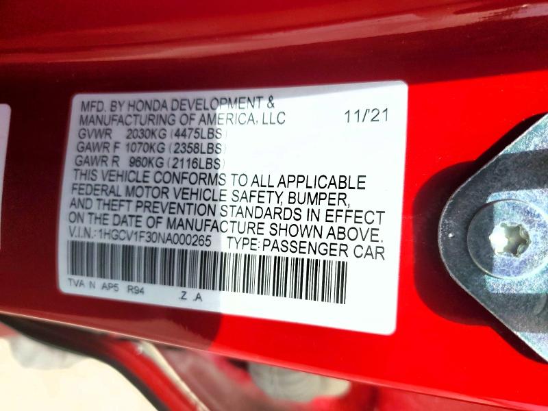 Продажа на аукционе авто 2022 Honda Accord, vin: 1HGCV1F30NA000265, номер лота: 57204996