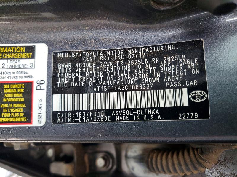 Aukcja sprzedaży 2012 Toyota Camry, vin: 4T1BF1FK2CU066337, numer aukcji: 57710666