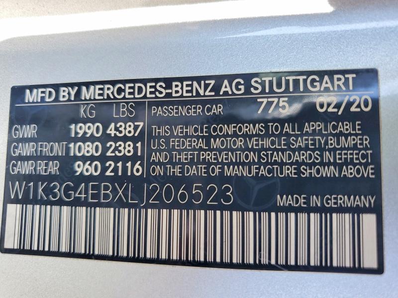 2020 Mercedes-benz A მანქანა იყიდება აუქციონზე, vin: W1K3G4EBXLJ206523, აუქციონის ნომერი: 56169936