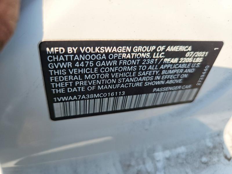 Продаж на аукціоні авто 2021 Volkswagen Passat, vin: 1VWAA7A38MC016113, номер лоту: 58051286