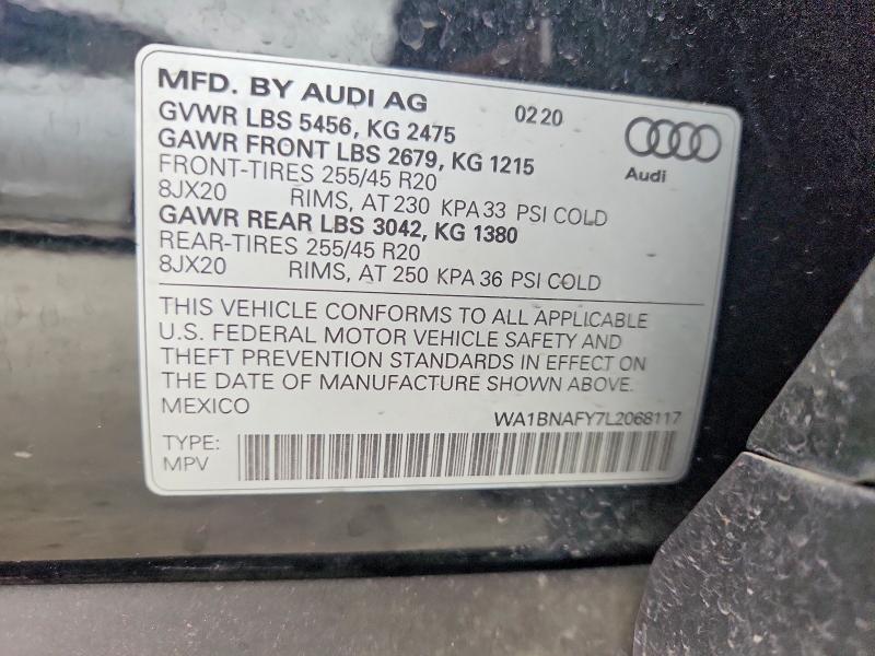 2020 Audi Q5 მანქანა იყიდება აუქციონზე, vin: WA1BNAFY7L2068117, აუქციონის ნომერი: 57732866