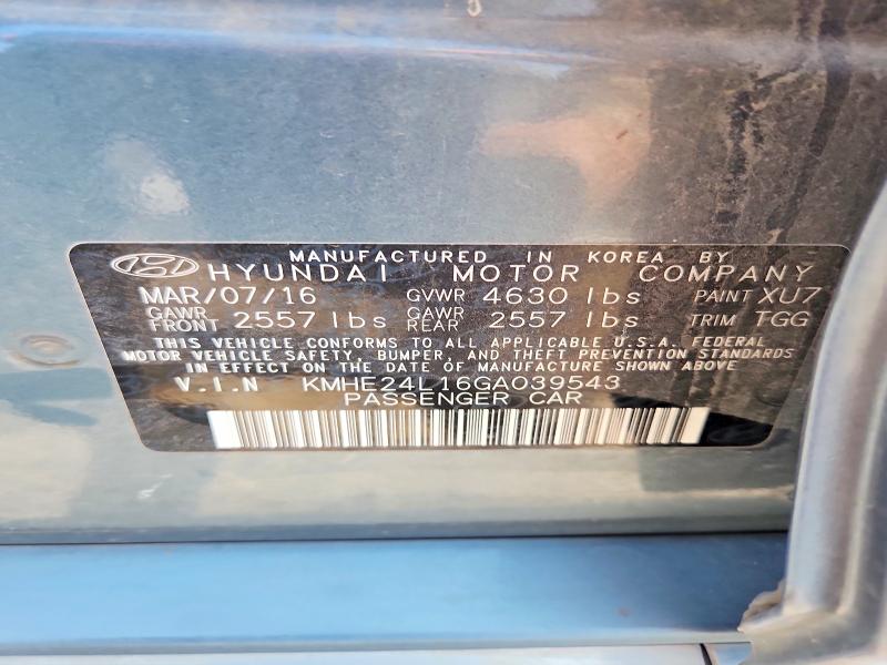 2016 Hyundai Sonata Hybrid მანქანა იყიდება აუქციონზე, vin: KMHE24L16GA039543, აუქციონის ნომერი: 56902816