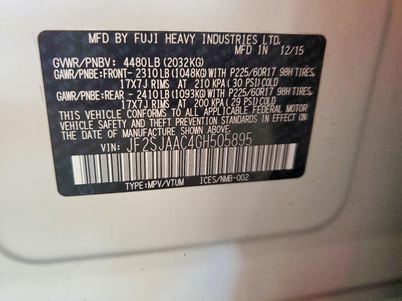 59081046 :رقم المزاد ، JF2SJAAC4GH505895 vin ، 2016 Subaru Forester مزاد بيع
