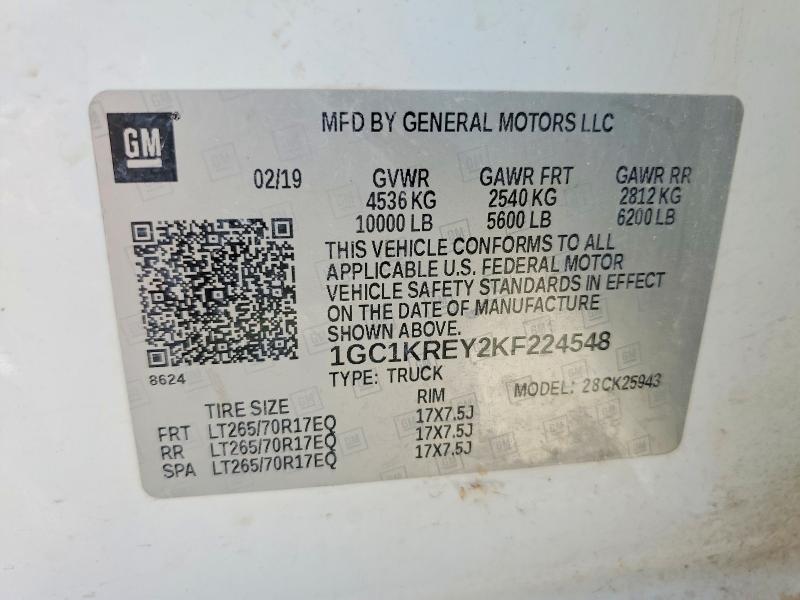 2019 Chevrolet Silverado მანქანა იყიდება აუქციონზე, vin: 1GC1KREY2KF224548, აუქციონის ნომერი: 55855086