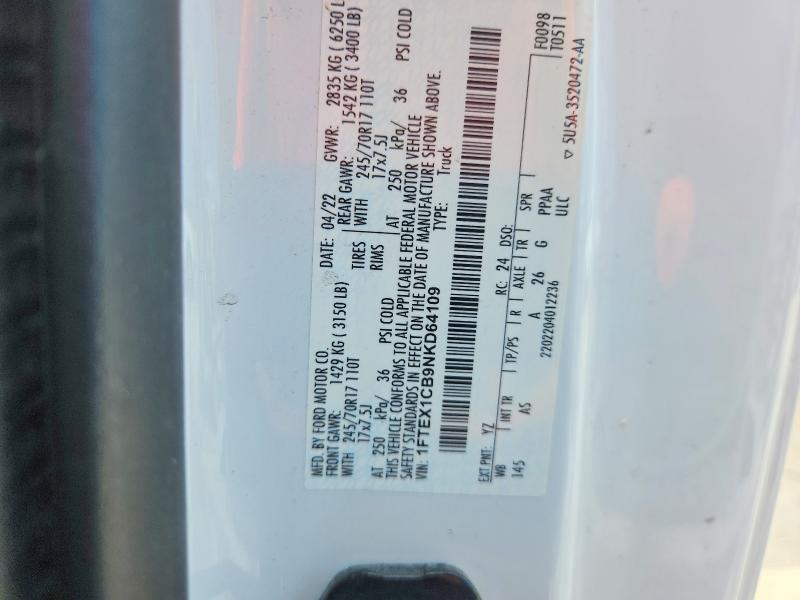 56455556 :رقم المزاد ، 1FTEX1CB9NKD64109 vin ، 2022 Ford F150 مزاد بيع