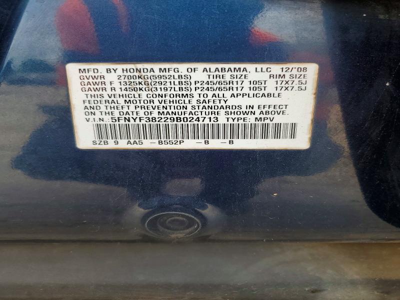 57950286 :رقم المزاد ، 5FNYF38229B024713 vin ، 2009 Honda Pilot مزاد بيع