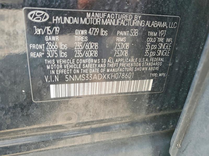 2019 Hyundai Santa Fe მანქანა იყიდება აუქციონზე, vin: 5NMS33ADXKH078601, აუქციონის ნომერი: 58447406