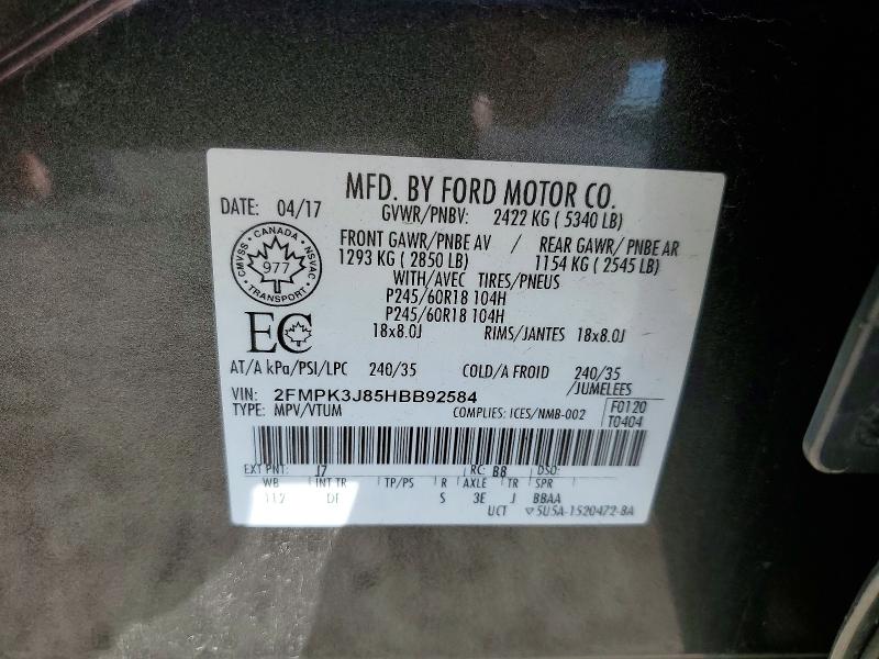 Продаж на аукціоні авто 2017 Ford Edge, vin: 2FMPK3J85HBB92584, номер лоту: 55821936