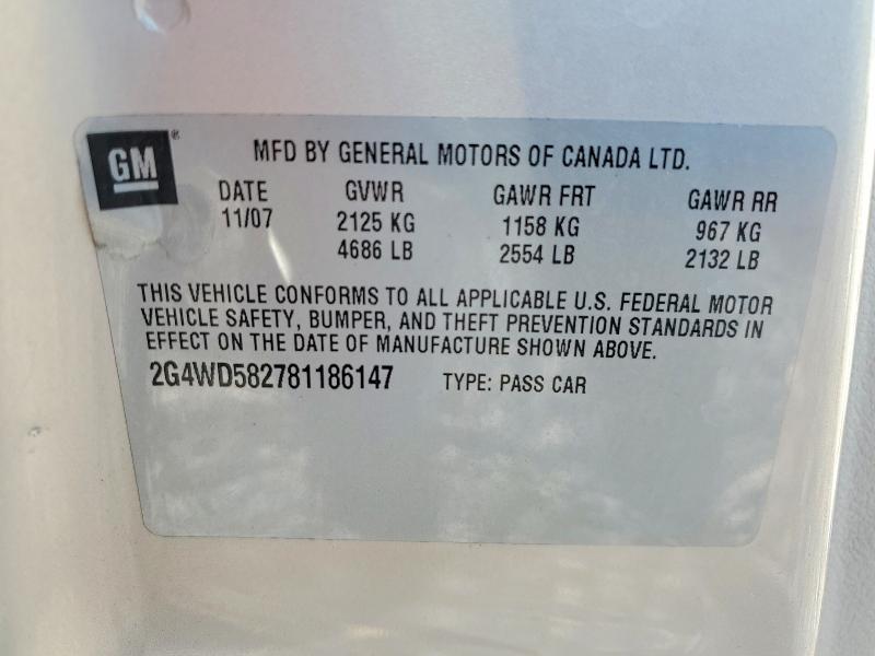 57651836 :رقم المزاد ، 2G4WD582781186147 vin ، 2008 Buick Lacrosse مزاد بيع