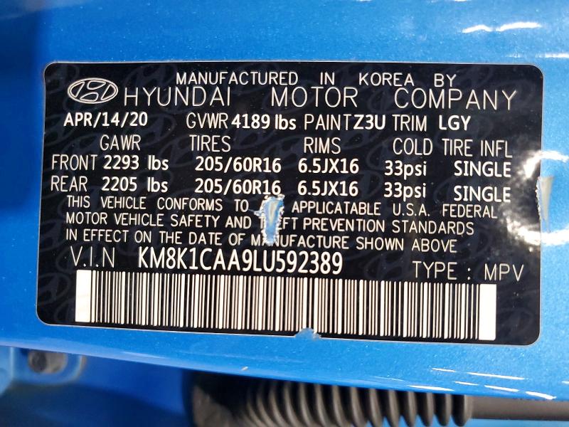 Aukcja sprzedaży 2020 Hyundai Kona, vin: KM8K1CAA9LU592389, numer aukcji: 56354326