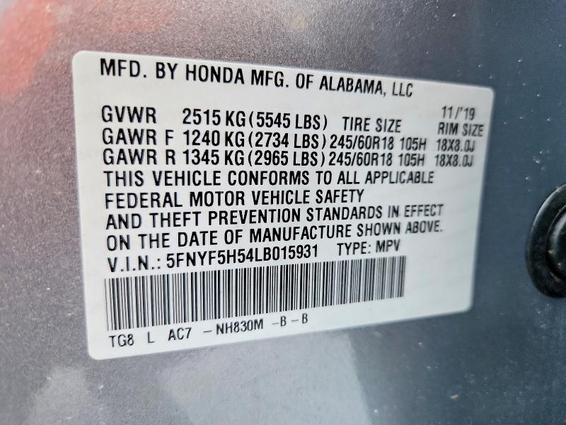 Продаж на аукціоні авто 2020 Honda Pilot, vin: 5FNYF5H54LB015931, номер лоту: 54716246