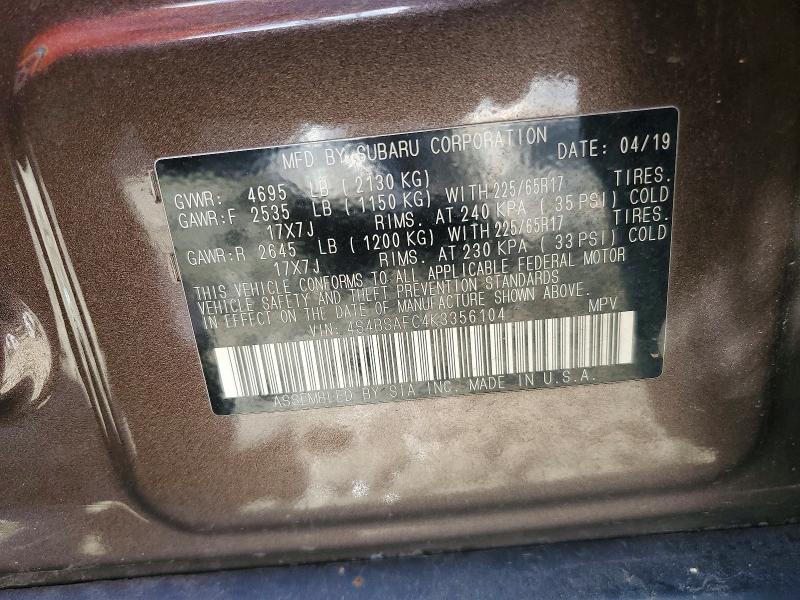 Продажа на аукционе авто 2019 Subaru Outback, vin: 4S4BSAFC4K3356104, номер лота: 58894786