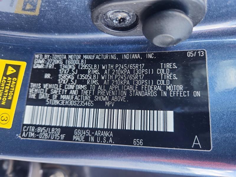 2013 Toyota Highlander მანქანა იყიდება აუქციონზე, vin: 5TDBK3EH3DS235465, აუქციონის ნომერი: 56815376