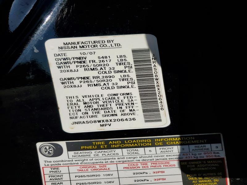 Aukcja sprzedaży 2008 Infiniti Fx35, vin: JNRAS08WX8X206436, numer aukcji: 58567456