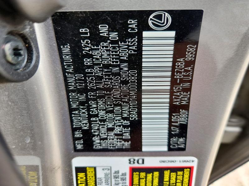 Aukcja sprzedaży 2021 Lexus Es 250, vin: 58AD11D14MU003820, numer aukcji: 58277936