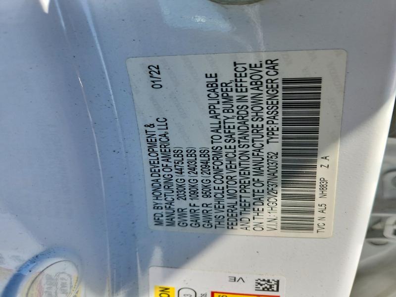 2022 Honda Accord მანქანა იყიდება აუქციონზე, vin: 1HGCV2F37NA003752, აუქციონის ნომერი: 56312016