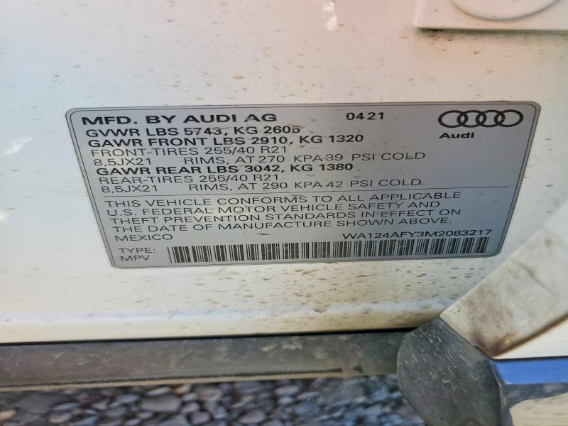 Aukcja sprzedaży 2021 Audi Sq5, vin: WA124AFY3M2083217, numer aukcji: 58117666