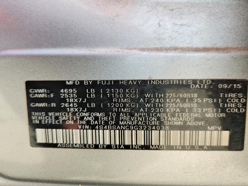55927376 :رقم المزاد ، 4S4BSANC9G3234038 vin ، 2016 Subaru Outback مزاد بيع