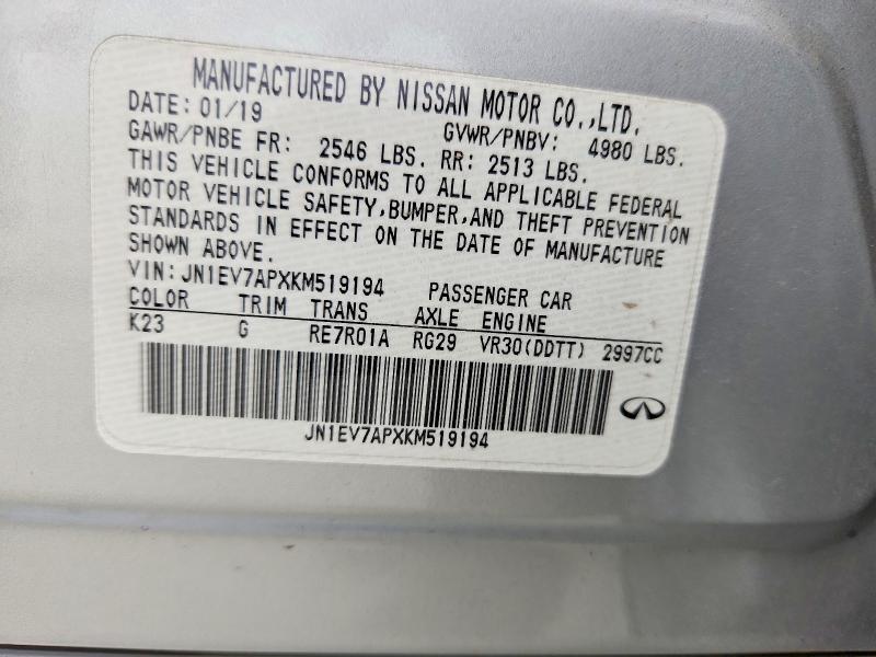 58629466 :رقم المزاد ، JN1EV7APXKM519194 vin ، 2019 Infiniti Q50 مزاد بيع