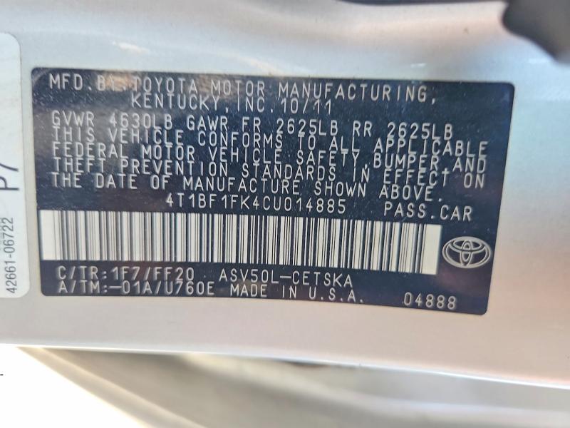 Продаж на аукціоні авто 2012 Toyota Camry, vin: 4T1BF1FK4CU014885, номер лоту: 57274376