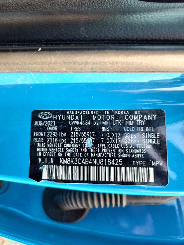 2022 Hyundai Kona მანქანა იყიდება აუქციონზე, vin: KM8K3CAB4NU818425, აუქციონის ნომერი: 56287796