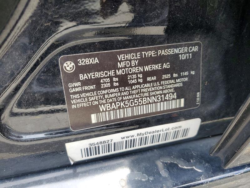 2011 Bmw 328 მანქანა იყიდება აუქციონზე, vin: WBAPK5G55BNN31494, აუქციონის ნომერი: 57506296