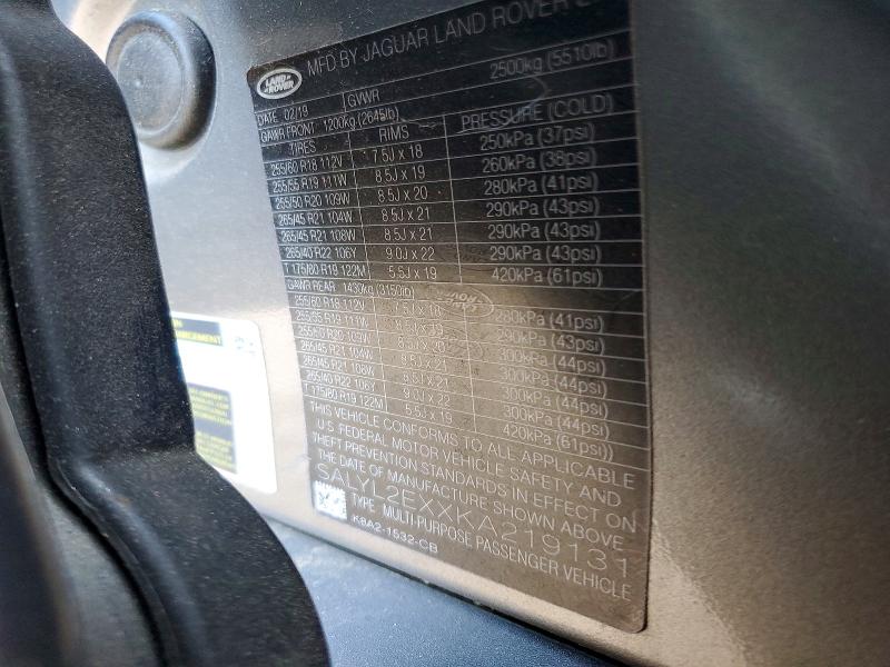 Aukcja sprzedaży 2019 Land Rover Range Rover Velar, vin: SALYL2EXXKA219131, numer aukcji: 58995266