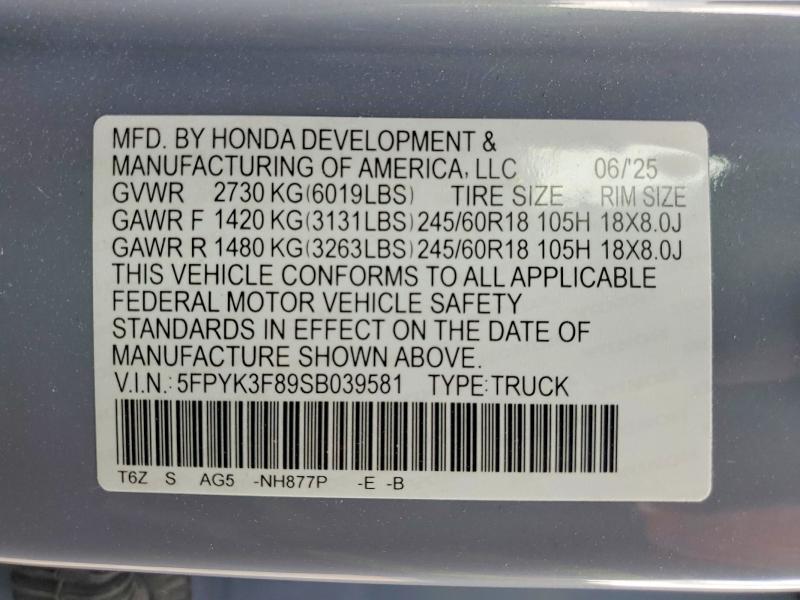 57667876 :رقم المزاد ، 5FPYK3F89SB039581 vin ، 2025 Honda Ridgeline مزاد بيع