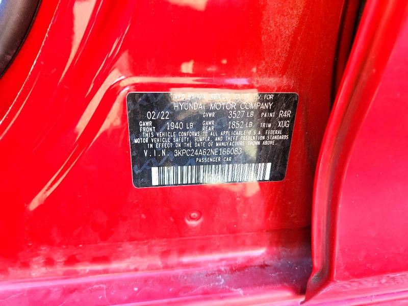 57995906 :رقم المزاد ، 3KPC24A62NE166083 vin ، 2022 Hyundai Accent مزاد بيع