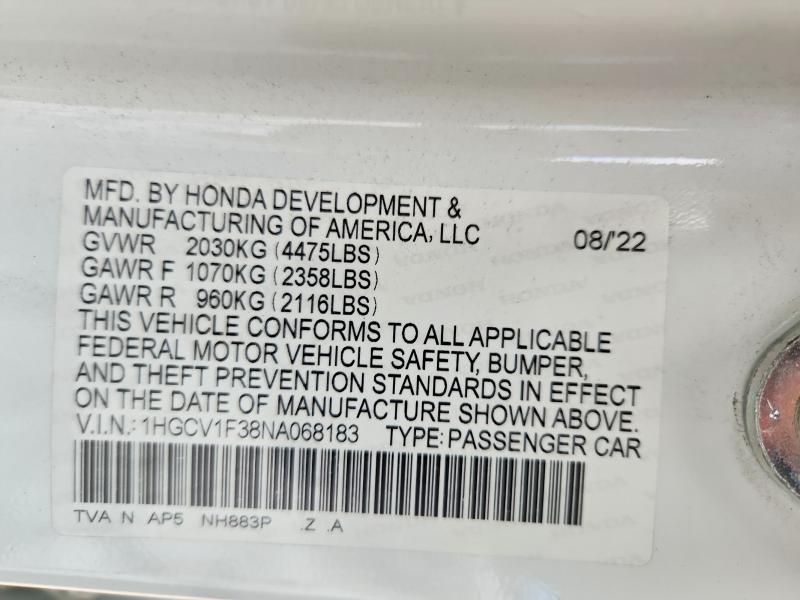 2022 Honda Accord მანქანა იყიდება აუქციონზე, vin: 1HGCV1F38NA068183, აუქციონის ნომერი: 57588466