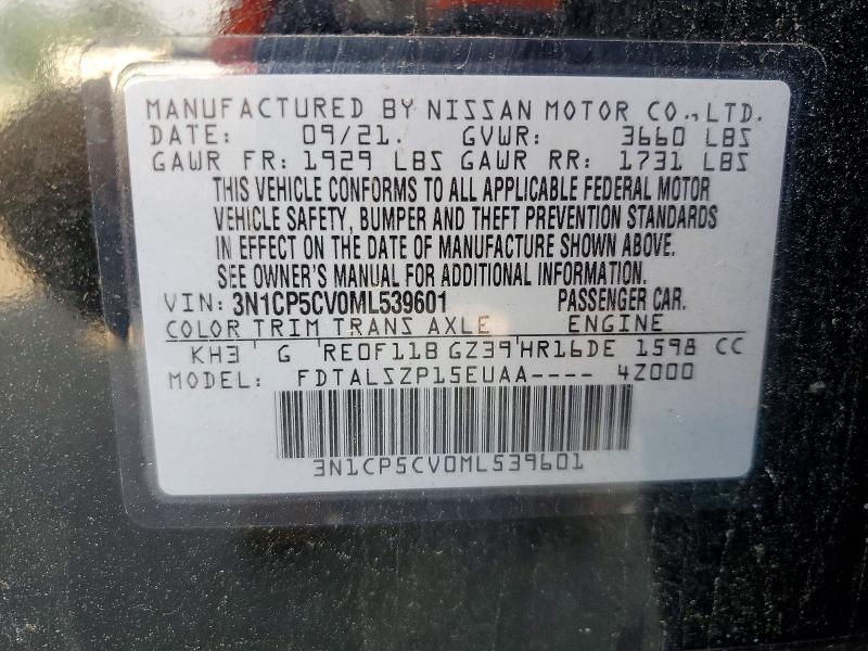 2021 Nissan Kicks მანქანა იყიდება აუქციონზე, vin: 3N1CP5CV0ML539601, აუქციონის ნომერი: 56314586