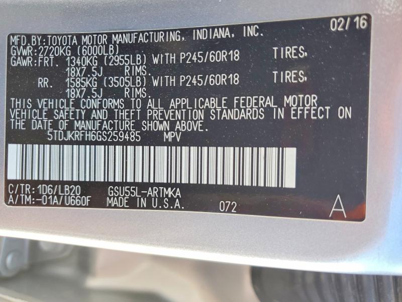 Продаж на аукціоні авто 2016 Toyota Highlander, vin: 5TDJKRFH6GS259485, номер лоту: 58633336