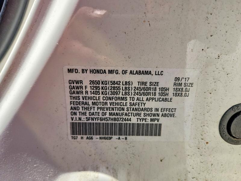 2017 Honda Pilot მანქანა იყიდება აუქციონზე, vin: 5FNYF6H57HB072444, აუქციონის ნომერი: 57898186