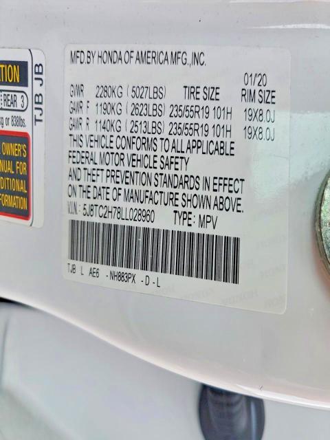 57778436 :رقم المزاد ، 5J8TC2H78LL028960 vin ، 2020 Acura Rdx مزاد بيع