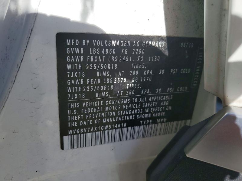 Aukcja sprzedaży 2016 Volkswagen Tiguan, vin: WVGBV7AX1GW514618, numer aukcji: 57162816