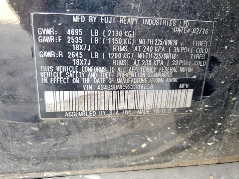 58555556 :رقم المزاد ، 4S4BSBNC5G3308058 vin ، 2016 Subaru Outback مزاد بيع