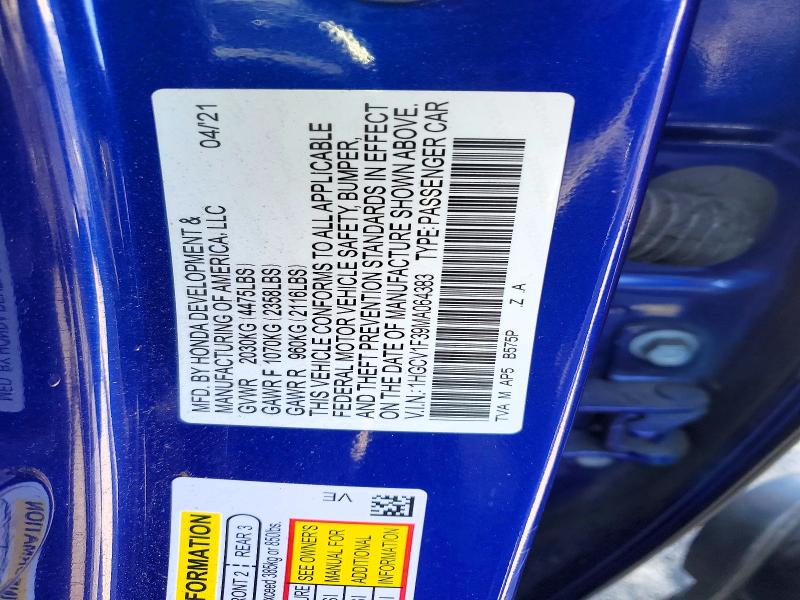 Продаж на аукціоні авто 2021 Honda Accord, vin: 1HGCV1F39MA064383, номер лоту: 56525546