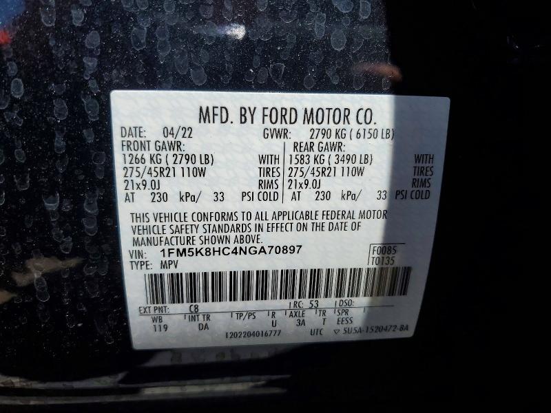 57240766 :رقم المزاد ، 1FM5K8HC4NGA70897 vin ، 2022 Ford Explorer مزاد بيع
