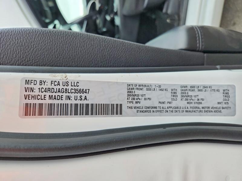 Aukcja sprzedaży 2020 Dodge Durango, vin: 1C4RDJAG8LC356647, numer aukcji: 58314616