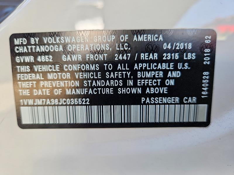 Aukcja sprzedaży 2018 Volkswagen Passat, vin: 1VWJM7A36JC035522, numer aukcji: 56687676
