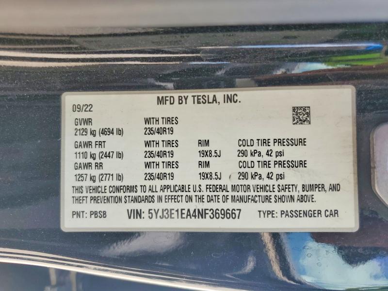 57761476 :رقم المزاد ، 5YJ3E1EA4NF369667 vin ، 2022 Tesla Model 3 مزاد بيع
