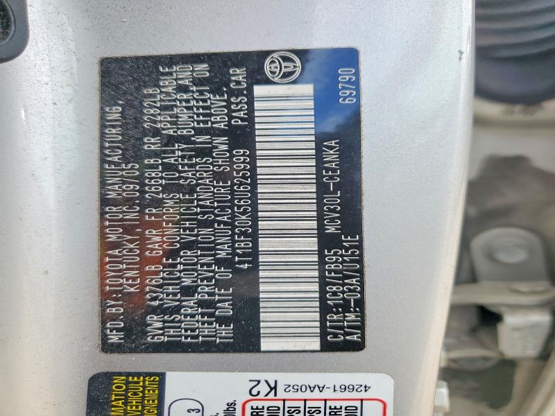 2006 Toyota Camry მანქანა იყიდება აუქციონზე, vin: 4T1BF30K56U625999, აუქციონის ნომერი: 56452156
