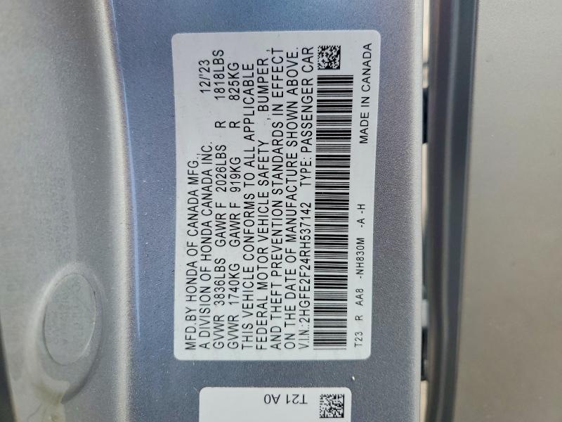 Продаж на аукціоні авто 2024 Honda Civic, vin: 2HGFE2F24RH537142, номер лоту: 58412746