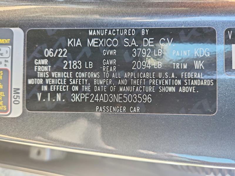 57691246 :رقم المزاد ، 3KPF24AD3NE503596 vin ، 2022 Kia Forte مزاد بيع